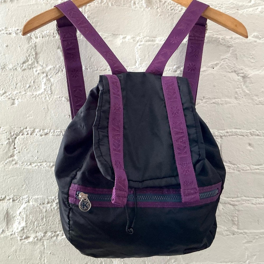 Womens Backpack Black Nylon Purple Accent Outer Zip Picket Athleisure Everyday